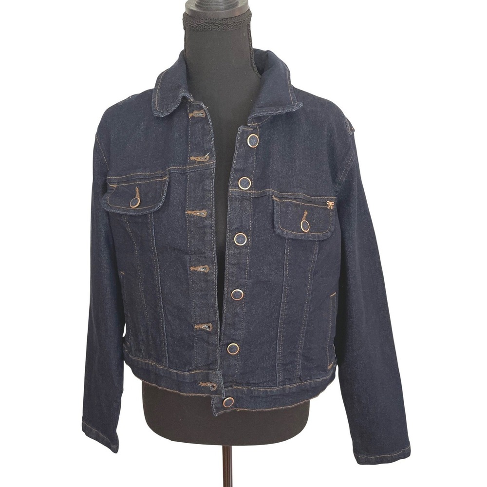 Nanette Lepore Denim Jacket Womens M Dark Blue Cotton Blend Bow Detail Preppy